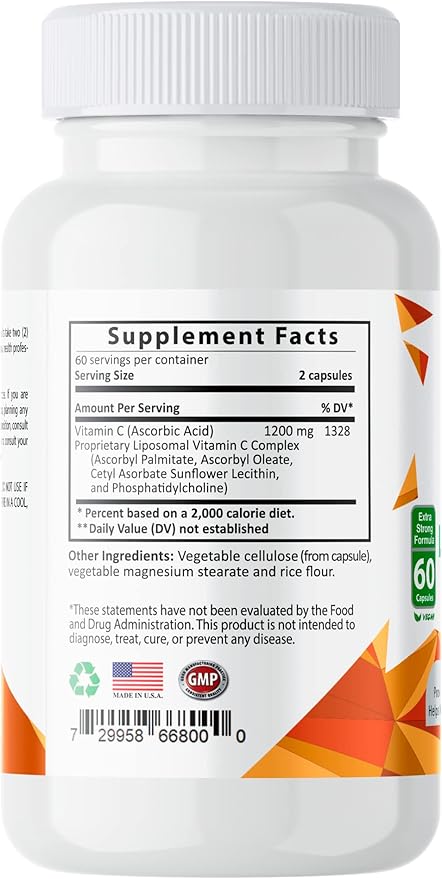 Pure Liposomal Vitamin C - 1200mg Immune System & Collagen Health Booster, Anti Aging Skin Vitamins, Sodium Ascorbate, Sunflower Lecithin (120 Capsules / 2 Months)