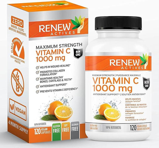 RENEW ACTIVES Maximum Strength Vitamin C 1000MG per Serving – Antioxidant & Immune Booster for Overall Health, Bones, Teeth & Gums – Non-GMO, Sugar-Free, 4-Month Supply – Made in Canada – 120 Capsules