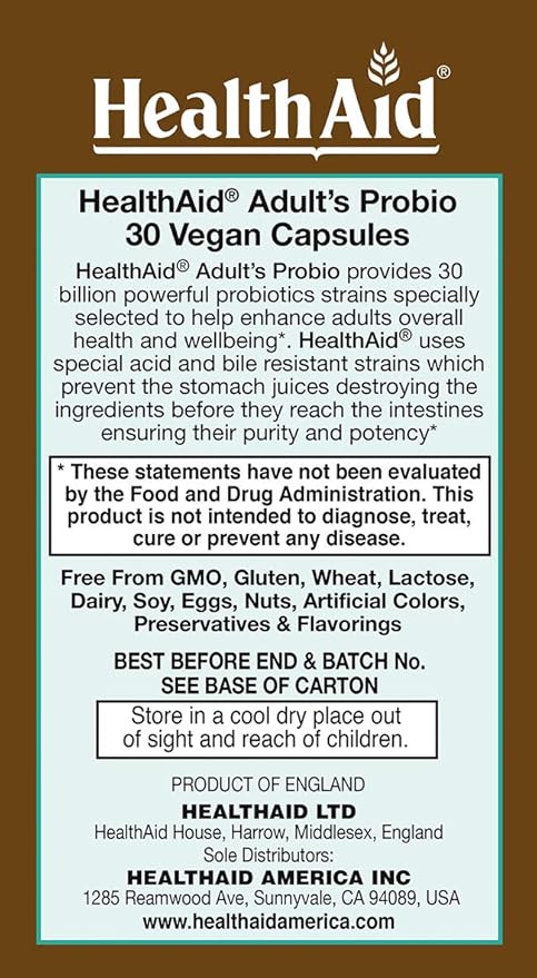 AdultsProbio 30 Billion, 10 Strains, Once Daily, 30ct, 30 Billion with Prebiotic, Acid & Bile Resistant Strains, Dairy & Gluten Free, Vegan