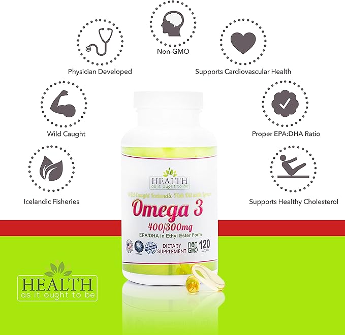 Health As It Ought To Be Omega 3 400/300 mg Supplement | Physician Formulated EPA/DHA in Ethyl Ester Form Wild Caught Icelandic Fish Oil with Lemon | 120 Capsules
