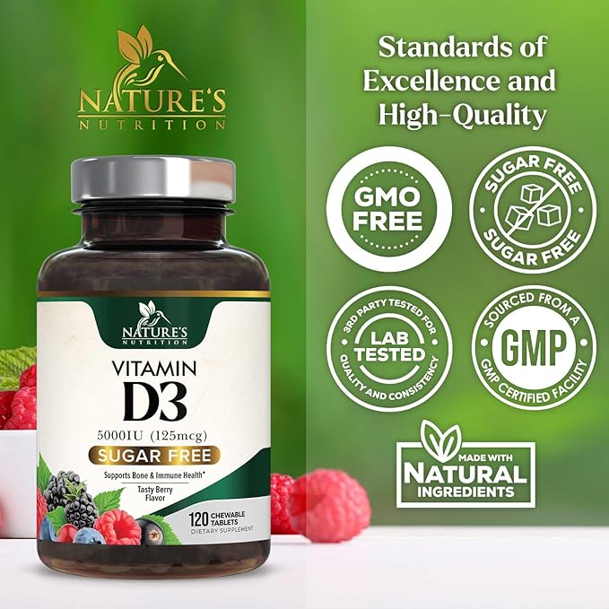 Vitamin D3 5000 IU (125 mcg) - Chewable Vitamin D Supplements for Bone, Teeth, Muscle & Immune Support, Sugar Free, Non-GMO, Gluten Free, Nature's Extra Strength D3 Vitamin - 120 Chewable Tablets