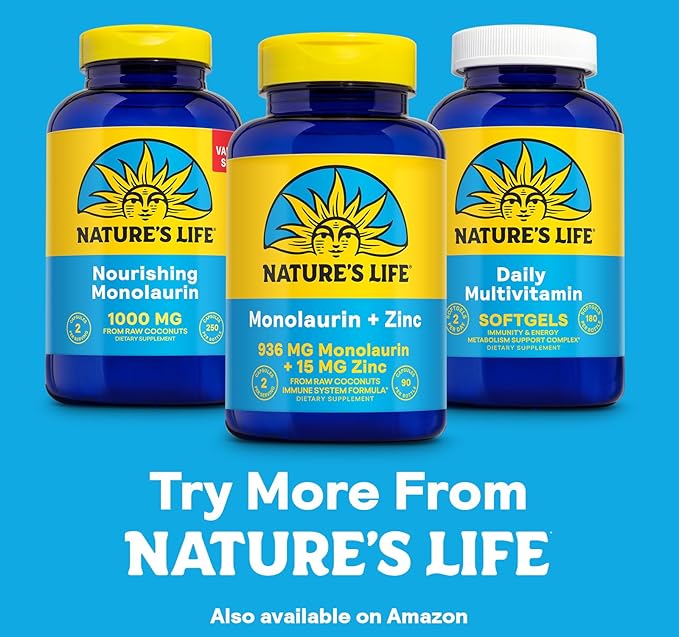 Nature's Life Monolaurin Plus Zinc Immune Support Supplement - 936mg Monolaurin from Raw Coconuts, Zinc 15mg, Supports Gut Health, Balanced Gut Flora, 60-Day Guarantee, 45 Serv, 90 Vegetarian Capsules