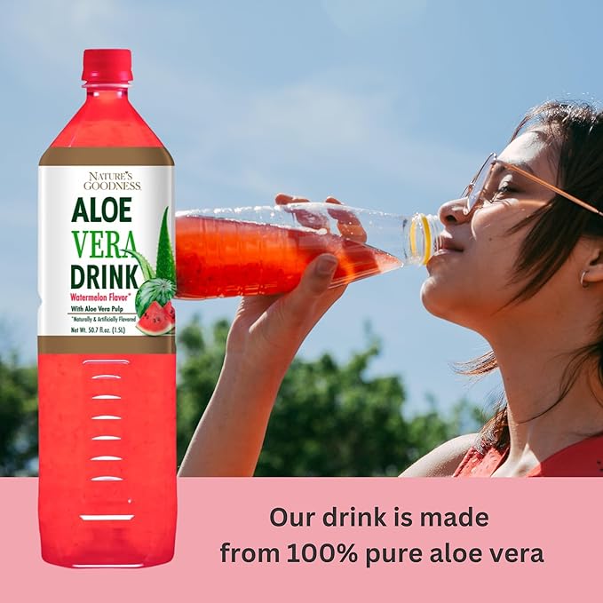 Nature's Goodness Aloe Vera Drink with Pulp Watermelon Flavor -12 Pack Case - 50.7 Fl Oz (1.5 L) Each - Total 18 Liters - Refreshing Beverage with Real Aloe Vera Juice