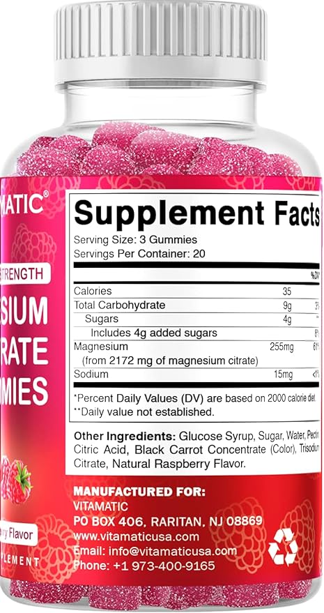 Vitamatic Extra Strength Magnesium Gummies – 255 mg Elemental Magnesium per Serving – 60 Gummies (2-Pack) Supports Relaxation, Muscle Function, Bone Health & Energy – Vegan, Non-GMO, Gluten-Free