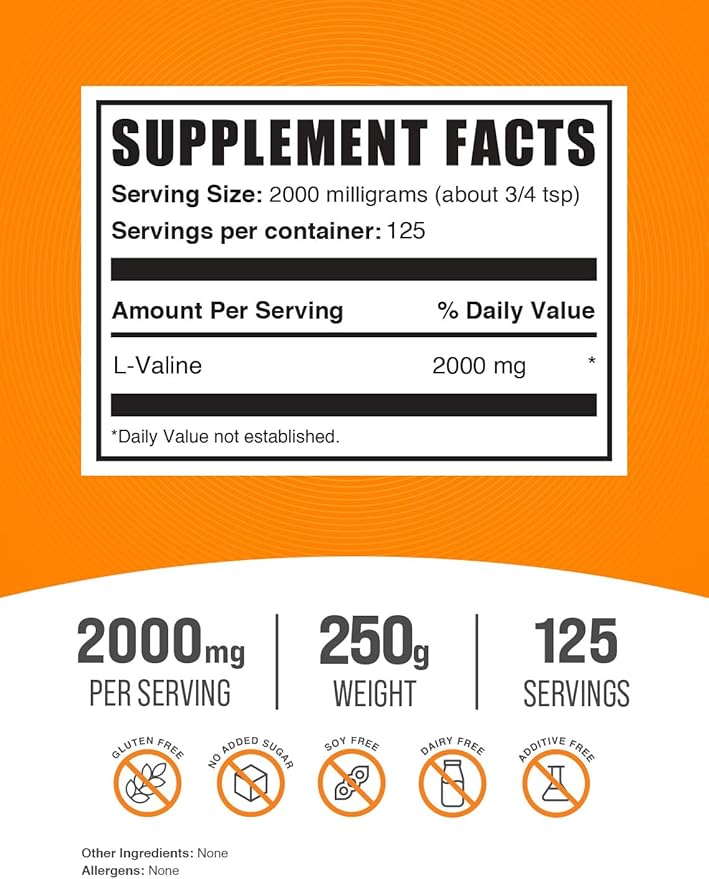 BulkSupplements.com L-Valine Powder - Valine Supplement, BCAA Supplement, Amino Acid Powder - Unflavored & Gluten Free, 2g per Serving, 250g (8.8 oz) (Pack of 1)