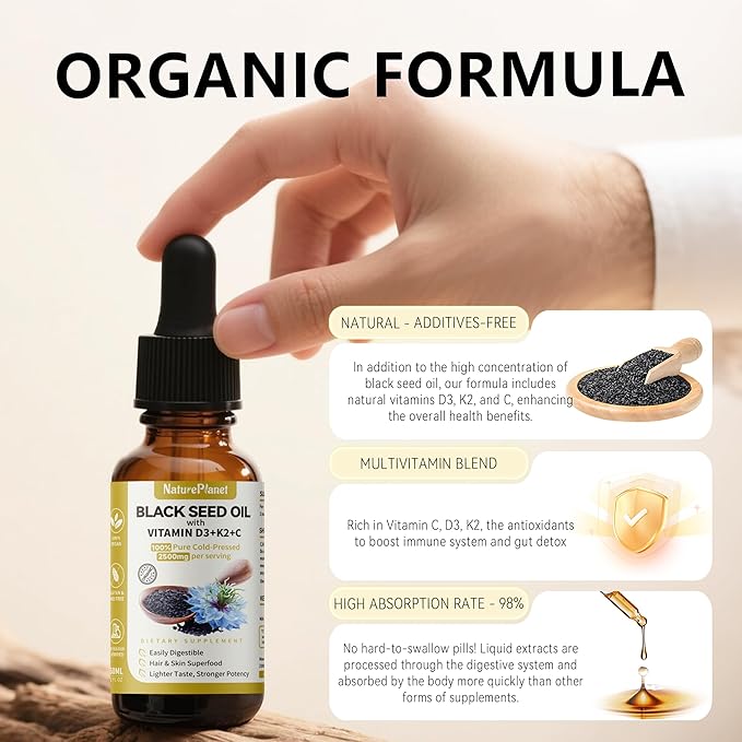 Organic Soursop Bitters and Black Seed Oil Drops Bundles with Vitamins D3, K2, B6, C | Vegan, Non-GMO, Gluten-Free