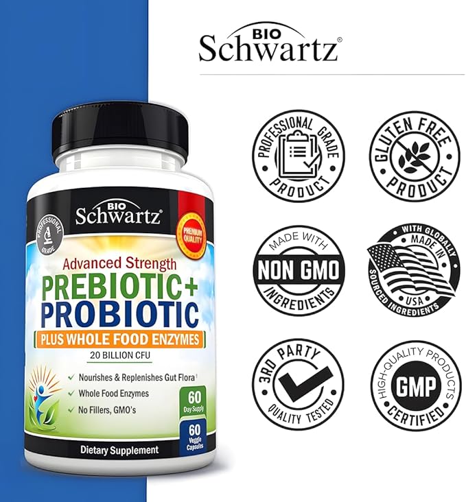 Prebiotics and Probiotic with Whole Food Enzymes for Adults Women & Men - Probiotics Lactobacillus Acidophilus - Digestive Health Capsules Shelf Stable Supplement - Non-GMO Gluten & Dairy Free -60ct
