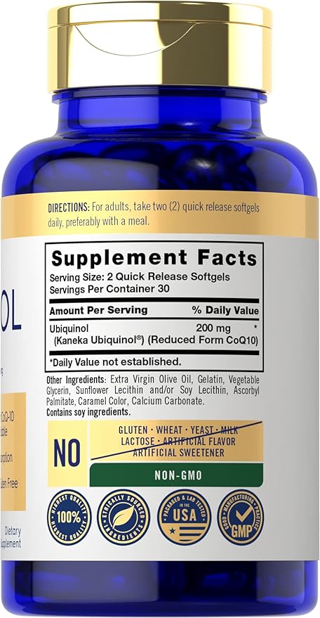 Carlyle Ubiquinol 200mg | 60 Softgels | CoQ10 Supplement | Highly Bioavailable | Non-GMO, Gluten Free