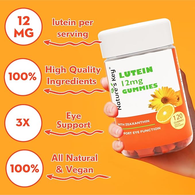 Nature's Key Lutein Gummies 12mg with Zeaxanthin & Vitamin A for Kids and Adults | Eye Health and Brain Function Supplement | Orange Flavor, 120Ct