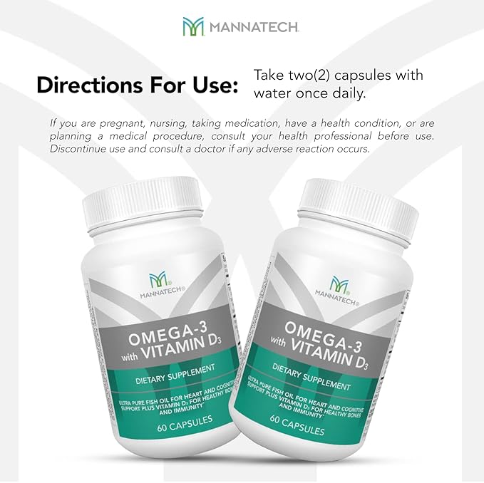 Mannatech Omega-3 with Vitamin D3 for Bone, Heart Health and Cognitive Support, Made of Pure Fish Oil