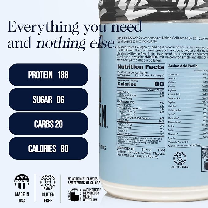 NAKED Vanilla Collagen Peptides Protein Powder, 60 Servings, Pasture-Raised, Grass-Fed Hydrolyzed Collagen Supplement, Paleo Friendly, Non-GMO, Keto, Gluten Free, 20oz