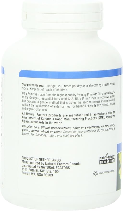 Natural Factors Ultra Prim Evening Primrose Oil 1000mg, A Natural Source of Omega-6 GLA, 90 Softgels