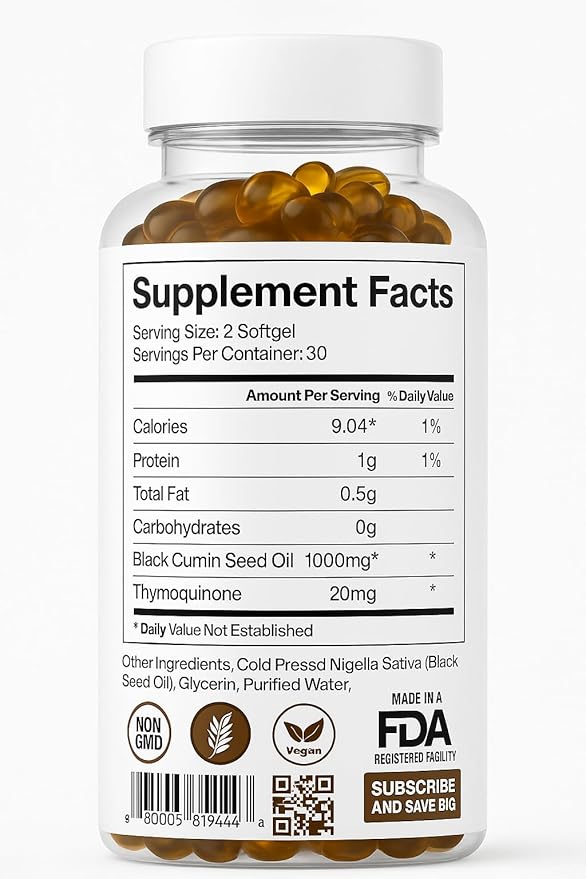 ORGANICS NATURE Black Seed Oil Capsules 1000MG Vegan Softgels, for Hair & Skin, Heart Support, Nigella Sativa - 100% Cold Pressed Cumin Seed Oil Capsules High Thymoquinone, Omega 3s