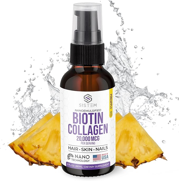 Sistem Extra Strength Liquid Biotin and Collagen Supplements, Hair, Skin and Nails Vitamins, Joint Support Supplement, Liquid Collagen for Women, Pineapple Flavor