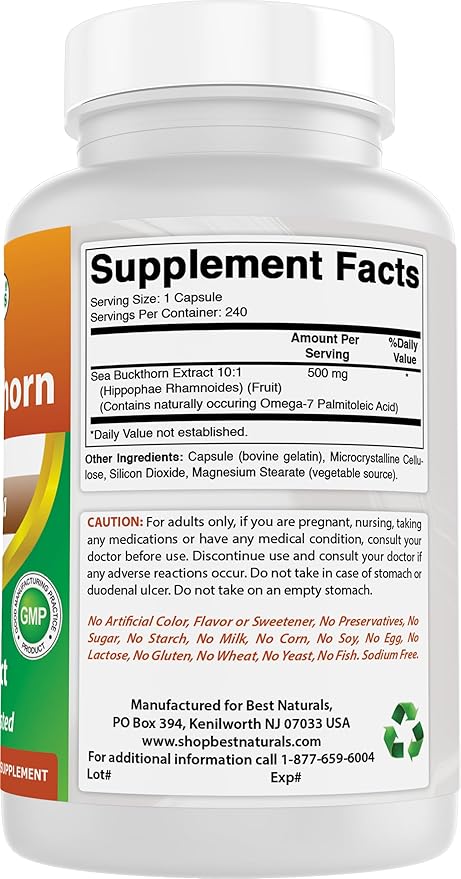Best Naturals Sea Buckthorn Oil Powder Extract 10:1 500 mg 240 Capsules - Non-GMO, Gluten Free - Contains Naturally Occuring Omega-7 Palmetoleic Acid