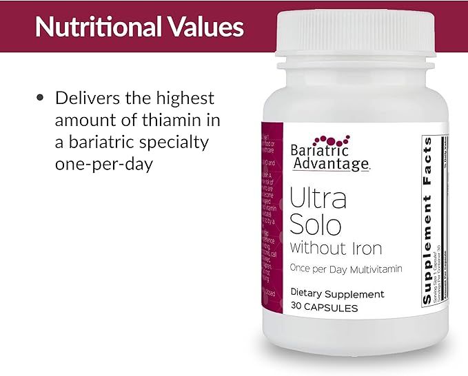 Bariatric Advantage Ultra Solo Without Iron - Once-Per-Day Daily Multivitamin - for Bariatric Patients - with Thiamin, Vitamin A & More - Gluten Free - 30 Capsules