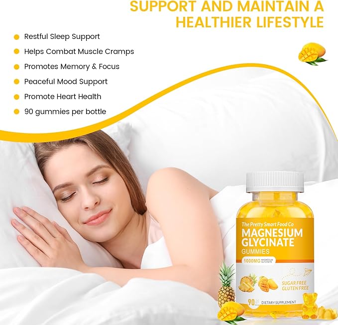 Magnesium Glycinate Gummies 1000mg - 90 Ct | Magnesium Potassium Supplements for Relaxation, Stress Relief, with Vitamin D, B6, CoQ10 for Calm Mood & Sleep Support - Mango Pineapple Gummies