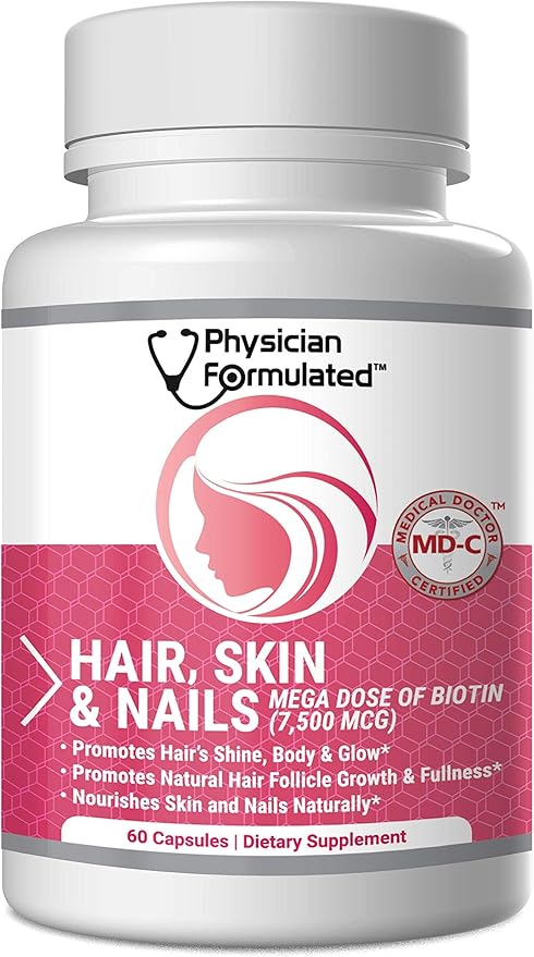 Healthy Hair Skin and Nails Vitamins for Men and Women - 7500 mcg Biotin, Amino Acids, Collagen and Hyaluronic Acid - 60 Capsules