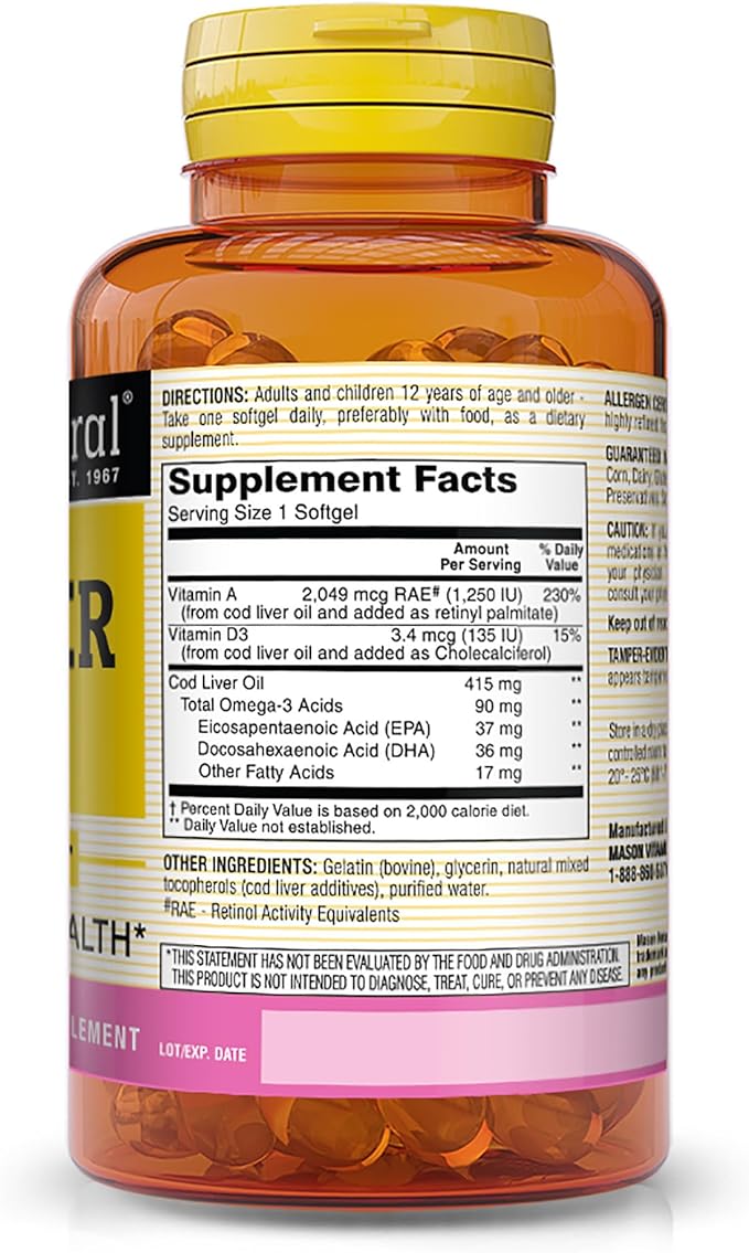 MASON NATURAL Cod Liver Oil Plus Vitamin A & D3 - Healthy Heart and Brain Function, Improved Immunity, Supports Overall Health, 100 Softgels
