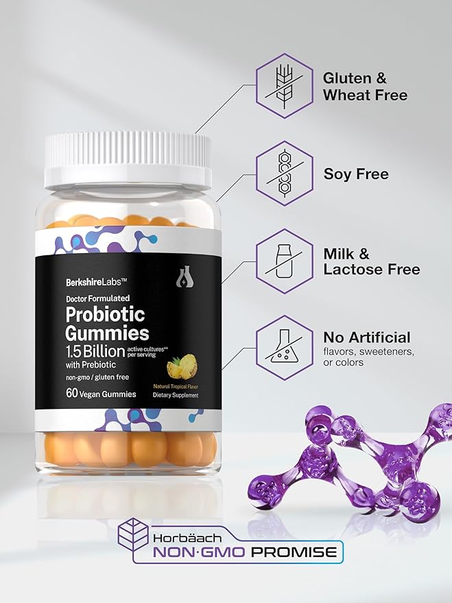 Horbäach Probiotic Gummies | 60 Count | 1.5 Billion with Prebiotic | Adult Supplement for Women and Men | Doctor Formulated | Tropical Flavor | Vegan, Non-GMO, and Gluten Free | Berkshire Labs