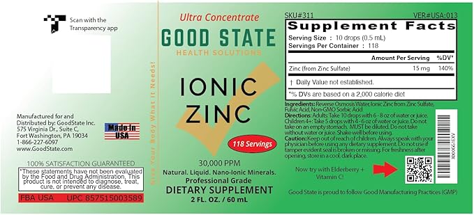Good State Natural Ionic Zinc | Liquid Concentrate | Nano Sized Mineral Technology | Professional Grade Dietary Supplement | 1.6 fl oz Glass Bottle (50 mL)
