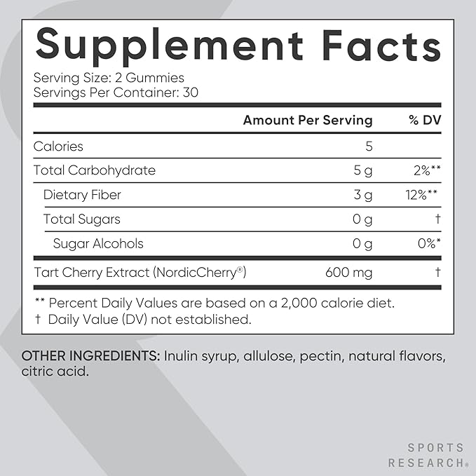 Sports Research® Tart Cherry Gummy Supplements | 600mg of NordicCherry™ | Enhanced Workout Recovery | Sugar and Sugar Alcohol Free - 60 Gummies for Adults, 1 Month Supply