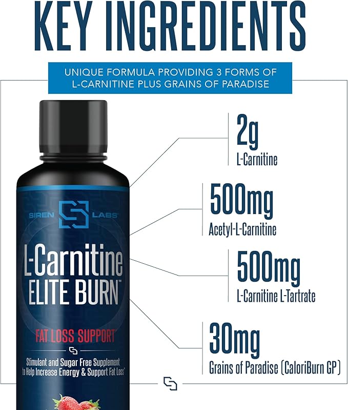 Siren Labs L-Carnitine Elite Burn Liquid Keto Fat Burner and Metabolism Activator - Fat Loss Support Keto Friendly Weight Loss Increase Energy - Stimulant Free - Strawberry Blast 3000mg (32 Servings)