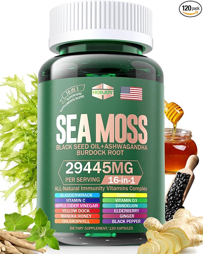 Sea Moss 12000mg Black Seed Oil 6000mg Ashwagandha 3000mg Turmeric 1000mg Bladderwrack 2000mg Burdock 3000mg & Vitamin C & D3 with Elderberry Manuka Dandelion Yellow Dock Iodine Chlorophyll ACV