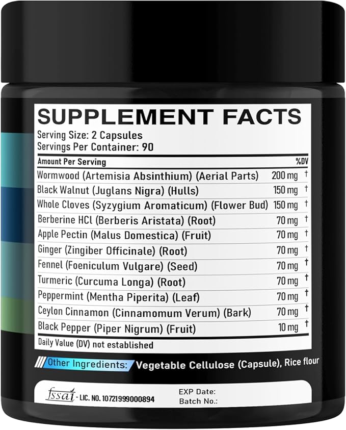 11in1 Wormwood Capsules - 180 Capsules Extracted from Black Walnut, Cloves, Ginger, Turmeric, Apple, Berberine HCl & More - Support Comfortable Digestive, Immune System for 3 Months