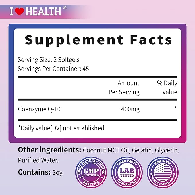 I LOVE HEALTH® CoQ10 400mg, 90 Vegetarian Softgels - High Absorption, Vegetarian, Coenzyme Q10 | Support Heart Health, Energy & Cellular Function | Soy-Based | Third Party Tested | Made in USA