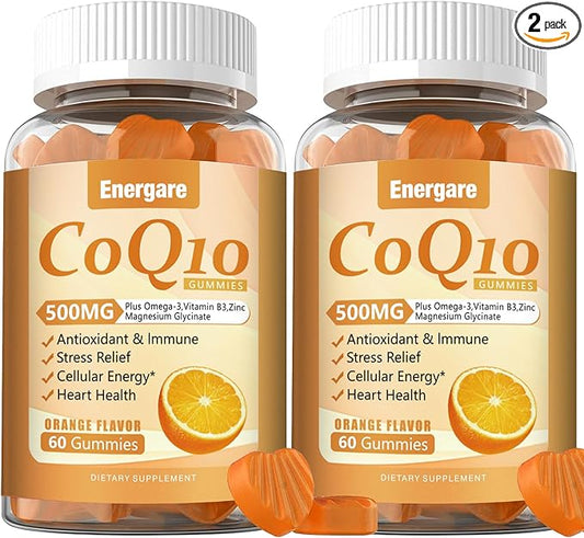2 Pack CoQ10 500MG Gummies - 3X Better Absorption Coenzyme Q10 Supplements - Plus Omega-3, Magnesium, Vitamin B3 & Zinc for Heart Health, Cellular Energy & Antioxidant, Vegan, Non-GMO 120 Ct