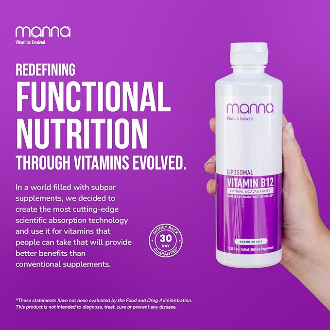 Manna Vitamins Evolved Liposomal Vitamin B12 – High Absorption Methylcobalamin for Energy, Focus, Brain, and Heart Support – Vegan, Non-GMO B12 Supplement – 10x Better Absorption