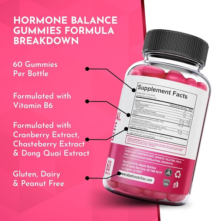 Atlantis Nutrition Hormonal Balance for Women & PMS Relief Gummies - Alleviates Cramps, Bloating, Mood Swings, Hot Flashes & Night Sweats - Cranberry, Dong Quai & Chasteberry Menstrual Cramp Relief