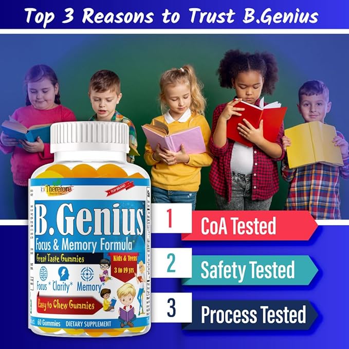 B.Genius Brain Booster Supplement & Memory Support Vitamins for Kids & Teens, Support Brain Focus, Memory, Learning, Accuracy with Omega 3, EPA/DHA Tasty 60 Chewable Gummies