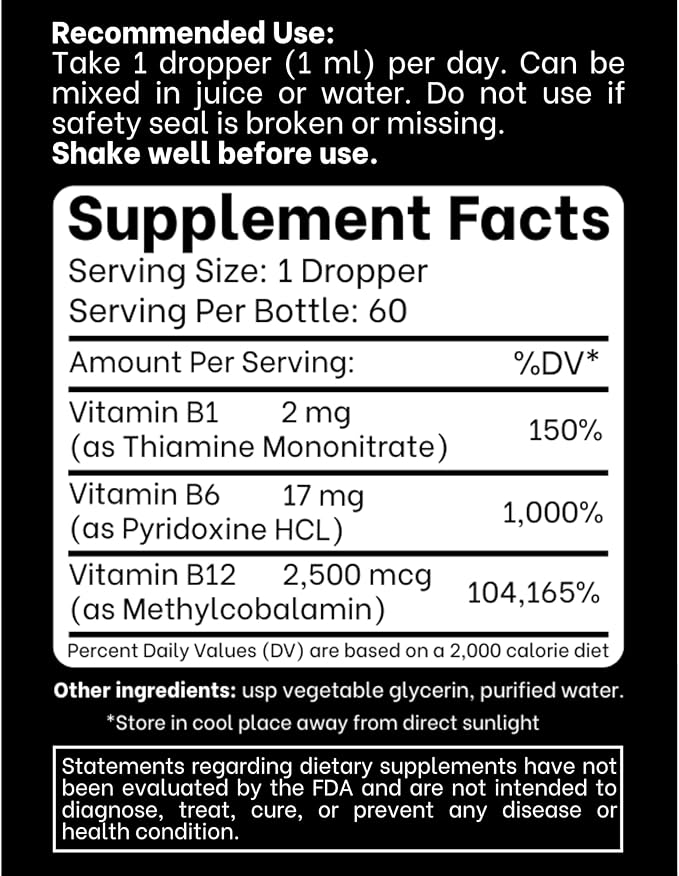 B1 B6 B12 Vitamin Liquid Drops - Nerve, Energy, Brain Support Supplement - Fruity-Like Flavor - Methylcobalamin, Thiamine, Pyridoxine (2)