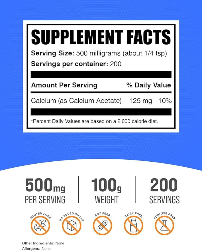 BulkSupplements.com Calcium Acetate Powder - Calcium Supplement - Food Grade & Gluten Free, 500mg (125mg Calcium) per Serving, 100g (3.5 oz) (Pack of 1)