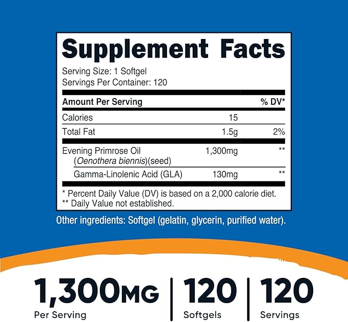 Nutricost Evening Primrose Oil 1,300mg, 120 Softgels - Cold Pressed, Non-GMO, Gluten Free, 120 Servings