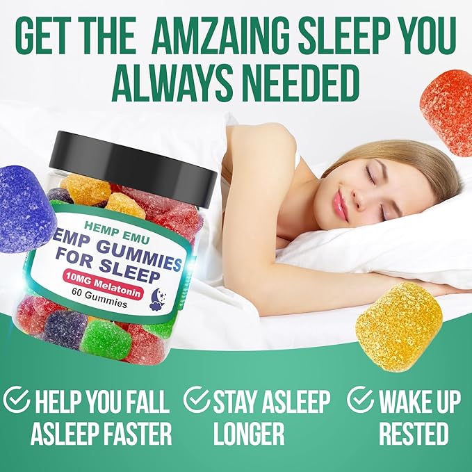 Hemp Emu Hemp Gummies for Sleep - Fall Asleep Faster, Stay Asleep Longer - 10mg Melatonin + Premium Hemp Extract, 2 Gummies Per Serving - 60 Count Fruit Flavored Gummies