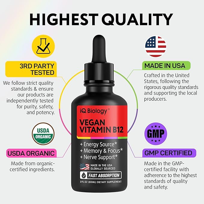 Vegan Vitamin B12 - Vit B 12 Liquid Drops Sublingual 5000mcg - USDA Organic Methyl B-12 for Men and Women - Methylcobalamin Energy Supplement for Immunity, Metabolism & Health Support - Made in USA