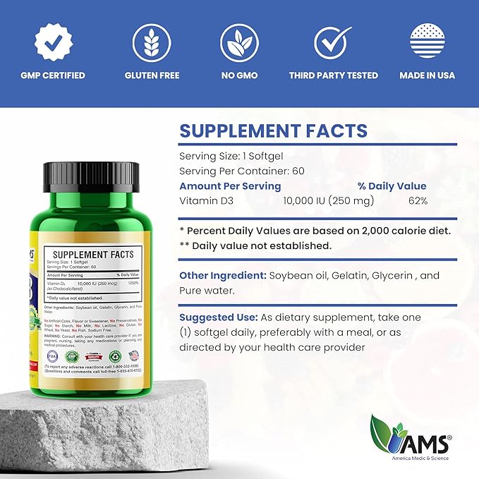 America Medic & Science Xtra D3 Vitamin D 10,000 IU (250 mcg) Cholecalciferol Supplement for Men & Women (60 Easy to Swallow Softgels) Best for Bone, Heart Health, Immune System Support, Lung Function