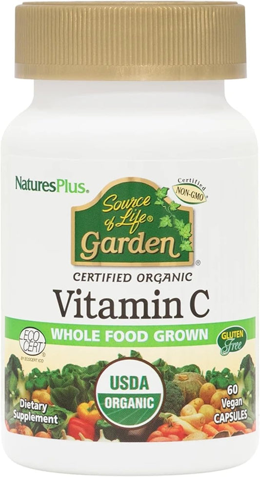 Natures Plus Source of Life Garden Certified Organic Vitamin C - 500 mg, 60 Vegan Capsules - Whole Food Immune Support Supplement, Antioxidant - Vegetarian, Gluten-Free - 30 Servings