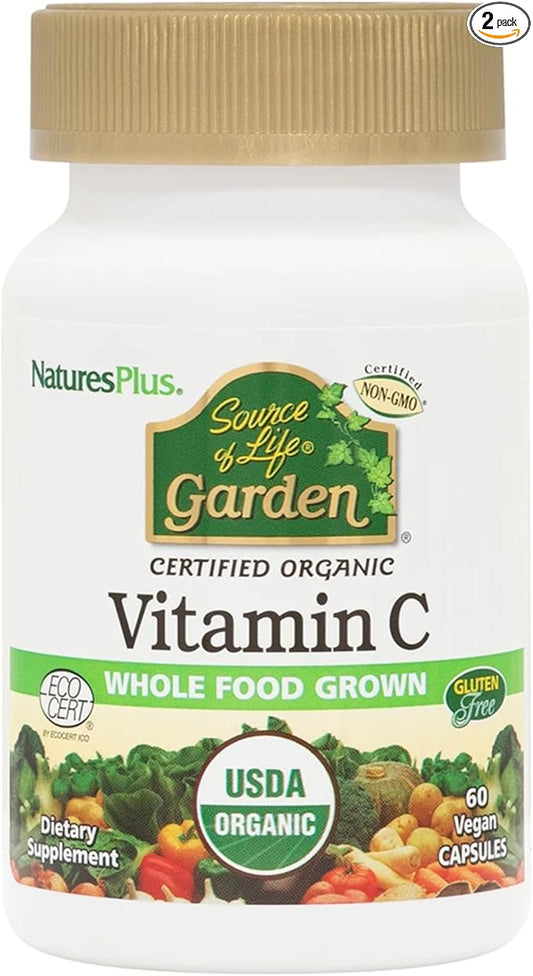 Natures Plus Source of Life Garden Vitamin C - 60 Vegan Capsules, Pack of 2 - Immune System Support - Certified Organic, Non-GMO, Gluten Free - 60 Total Servings