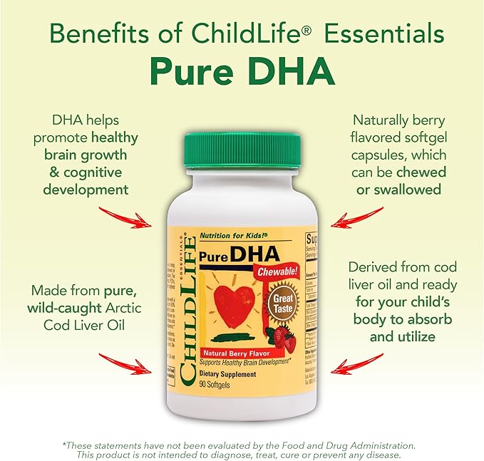 CHILDLIFE ESSENTIALS Pure DHA for Kids - DHA Supplements, DHA EPA Omega 3 Supplement, Children DHA Chewables, Baby DHA, Fish Oil for Toddlers, Gluten Free - Natural Berry, 90 Softgels (Pack of 1)