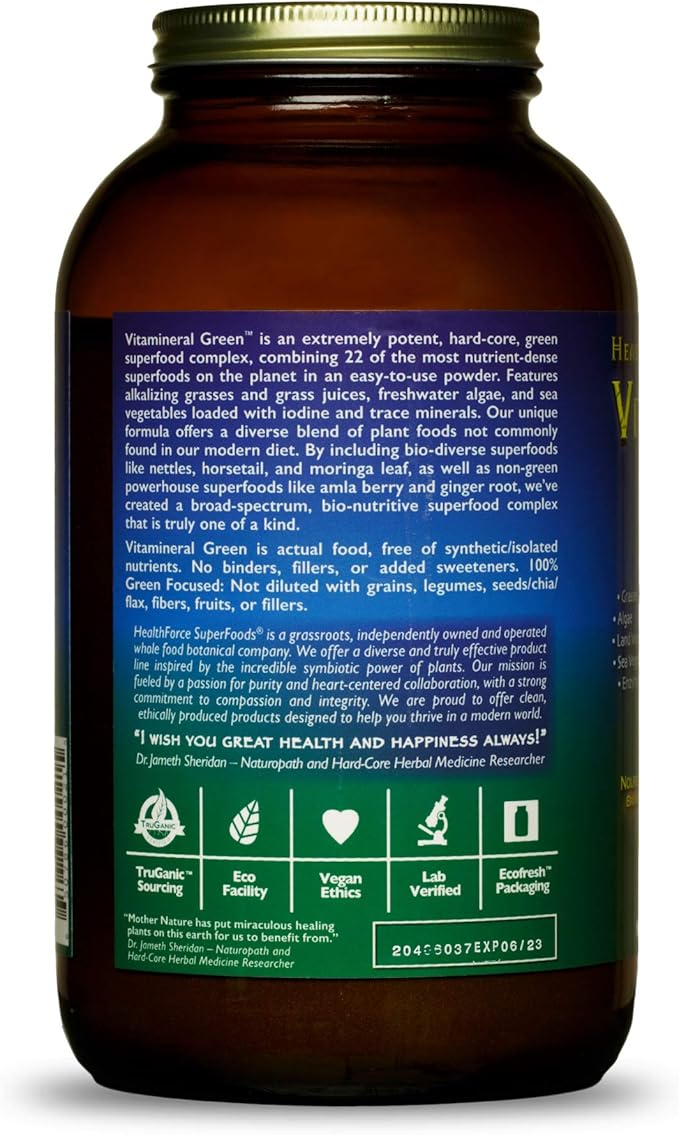 HealthForce SuperFoods Vitamineral Green - Mineral Supplement for Immune & Thyroid Support - Green Powder Supplement with Ingredients from The Land - Gluten-Free & Vegan - 500 Grams (Pack of 2)