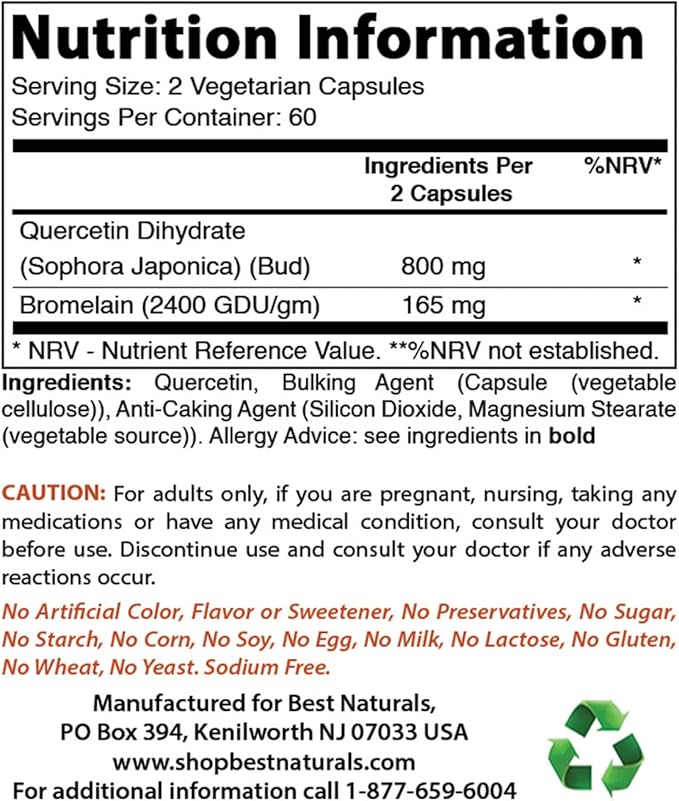 Best Naturals Quercetin with Bromelain Veggie Capsule - 800mg of Quercetin & 165 mg of Bromelain (2400 GDU/g), 120 Count