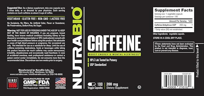 NutraBio 100% Pure Caffeine Capsules (100 Capsules)