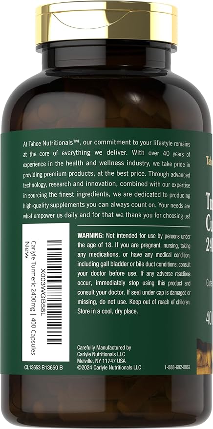 Tahoe Nutritionals Turmeric Curcumin Supplement | 2400mg | 400 Capsules | Extract Complex | Non-GMO, Gluten Free
