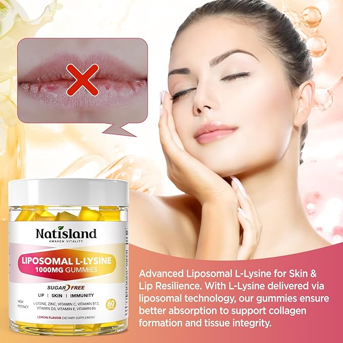 Liposomal L-Lysine Gummies 1000mg, Lysine Chewable Supplements for Kids & Adults, Lysine with Zinc & Vitamins, Lips & Oral Health, Immune Support, Sugar-Free, Lemon Flavor, 60 Ct