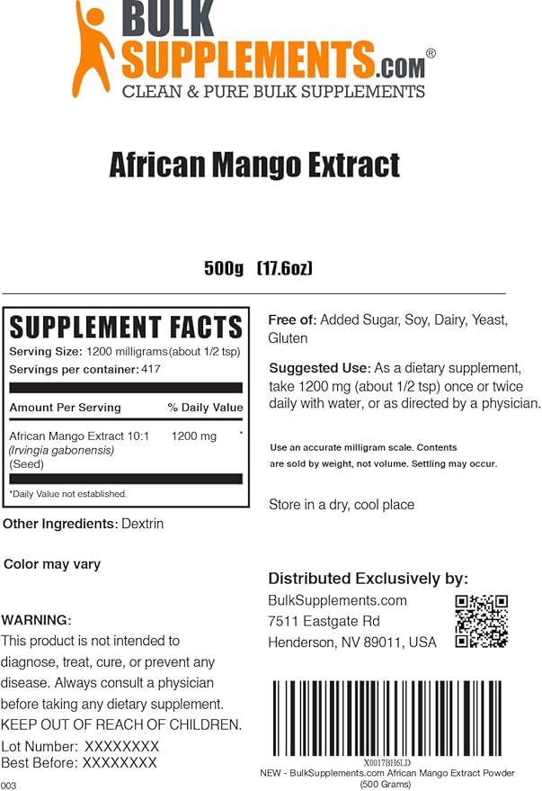BulkSupplements.com African Mango Extract Powder - Irvingia Gabonensis, African Mango Powder - Gluten Free, 1.2g per Serving, 500g (1.1 lbs) (Pack of 1)