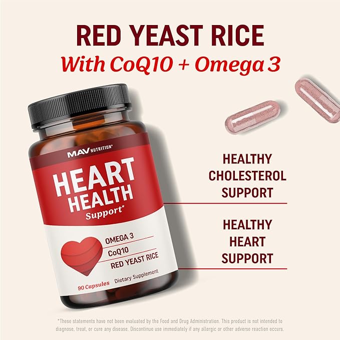 Red Yeast Rice with CoQ10 + Omega 3 for Healthy Cholesterol Support | 1200mg | Heart Health Support | Red Yeast Rice 1200 mg. Capsules | Non-GMO, Gluten-Free | Heart Health Supplements | 90 Ct